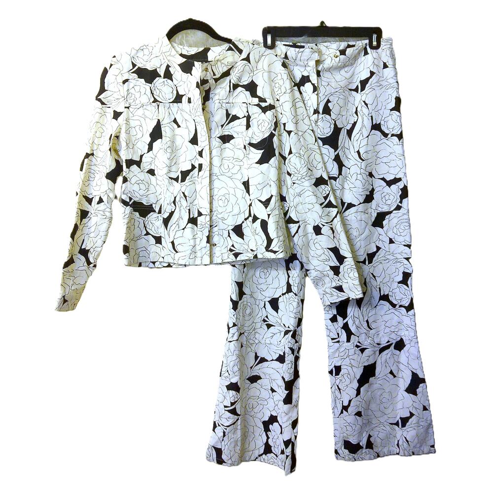 Vtg Ron Leal Floral Print Pant Suit Abstract Black & White 2-Piece Set Size 8